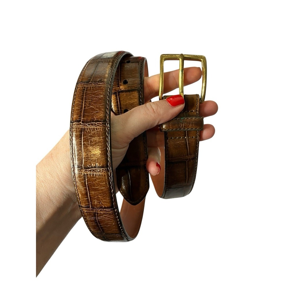 Italian Crocodile Calfskin Belt Mens 38 /95 Brown Leather Brass Buckle Old Money